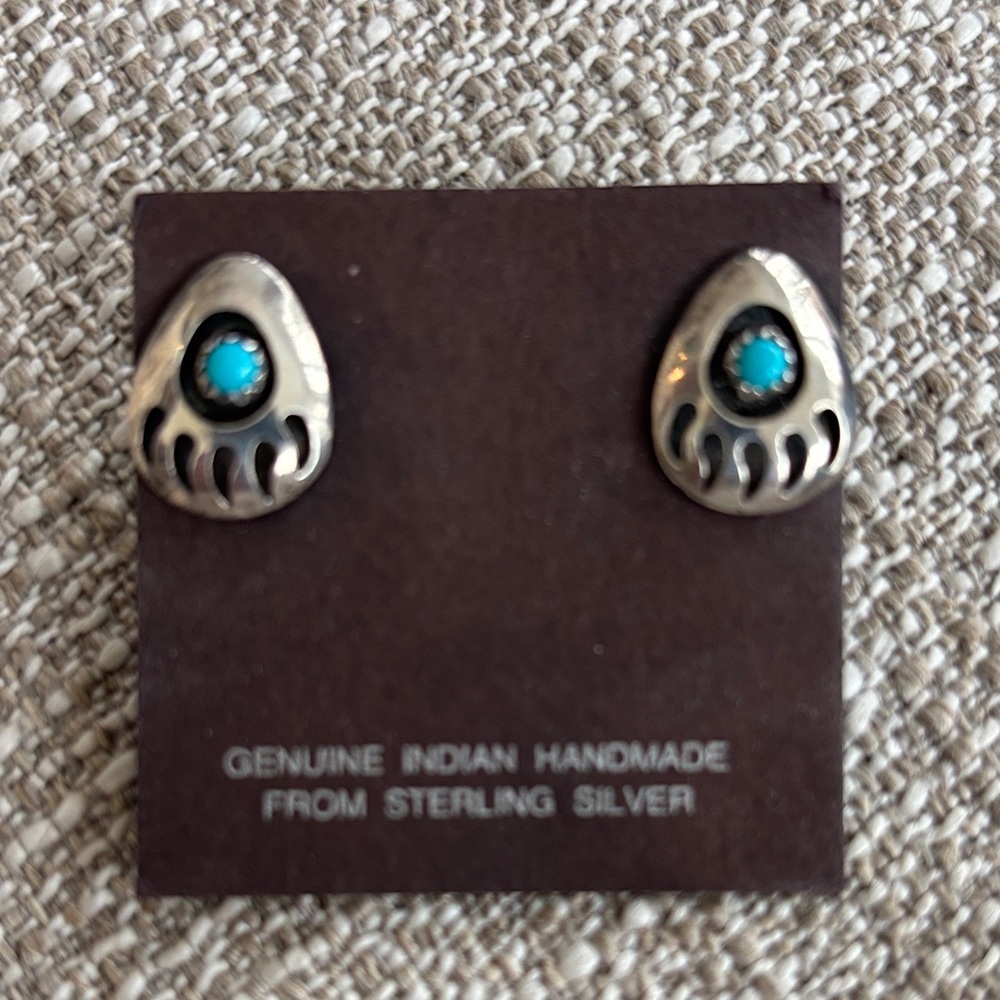 Handmade Native American Sterling Silver Bear Paw Earrings with Turquoise